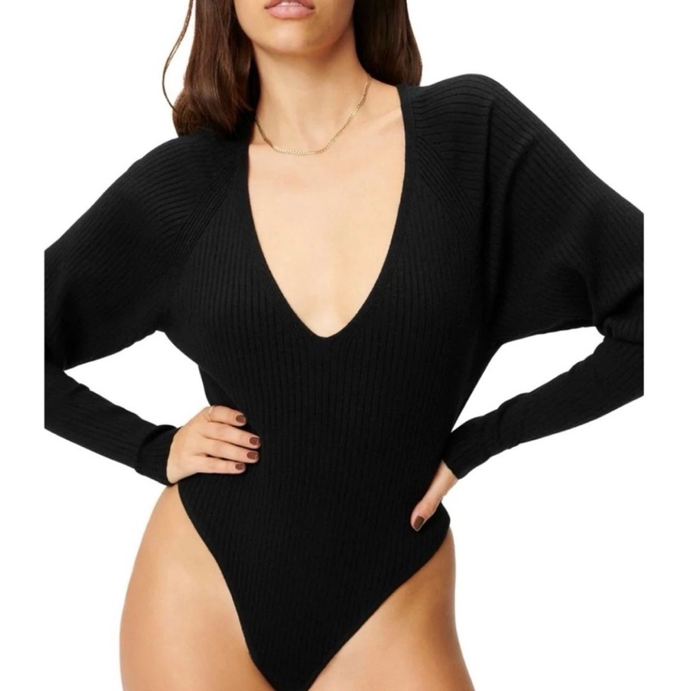 Good American Black Ribbed Deep V Long Sleeve‎ Bodysuit 2 Medium Classic Chic
